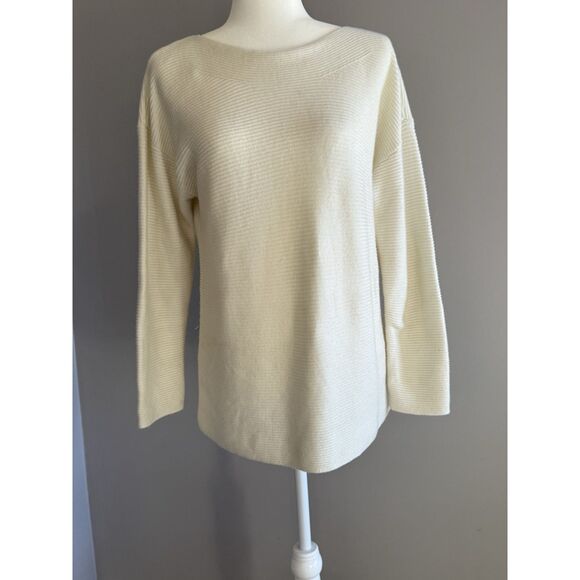 Talbots Lambswool Blend Sweater Boat Neck Ivory White Ribbed Knit Classic Large - Picture 5 of 16
